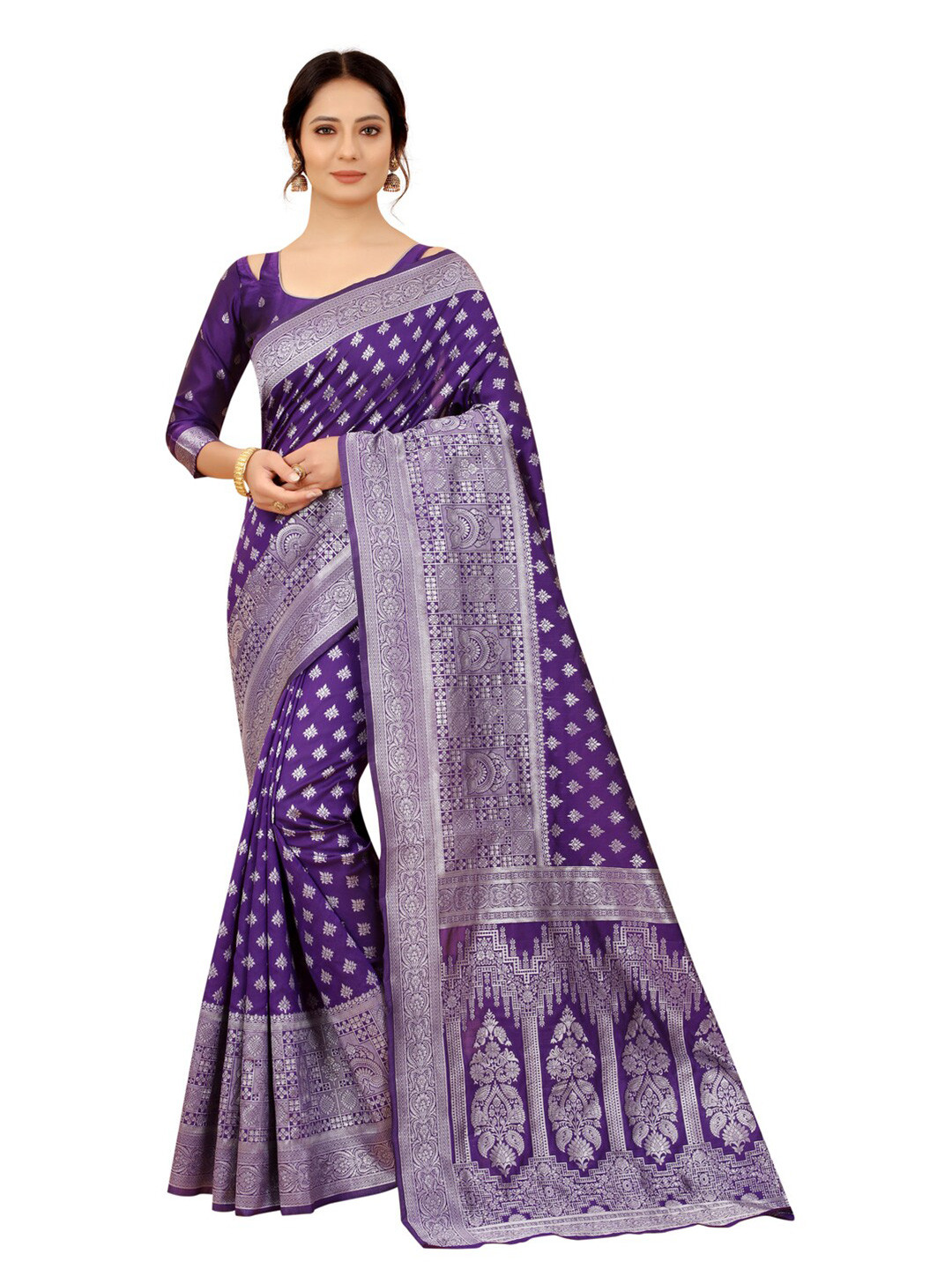 

MOKSHA DESIGNS Purple & Silver-Toned Ethnic Motifs Zari Pure Silk Kanjeevaram Saree