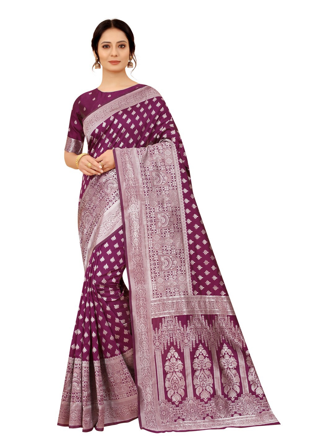 

MOKSHA DESIGNS Burgundy & Silver-Toned Ethnic Motifs Zari Pure Silk Kanjeevaram Saree