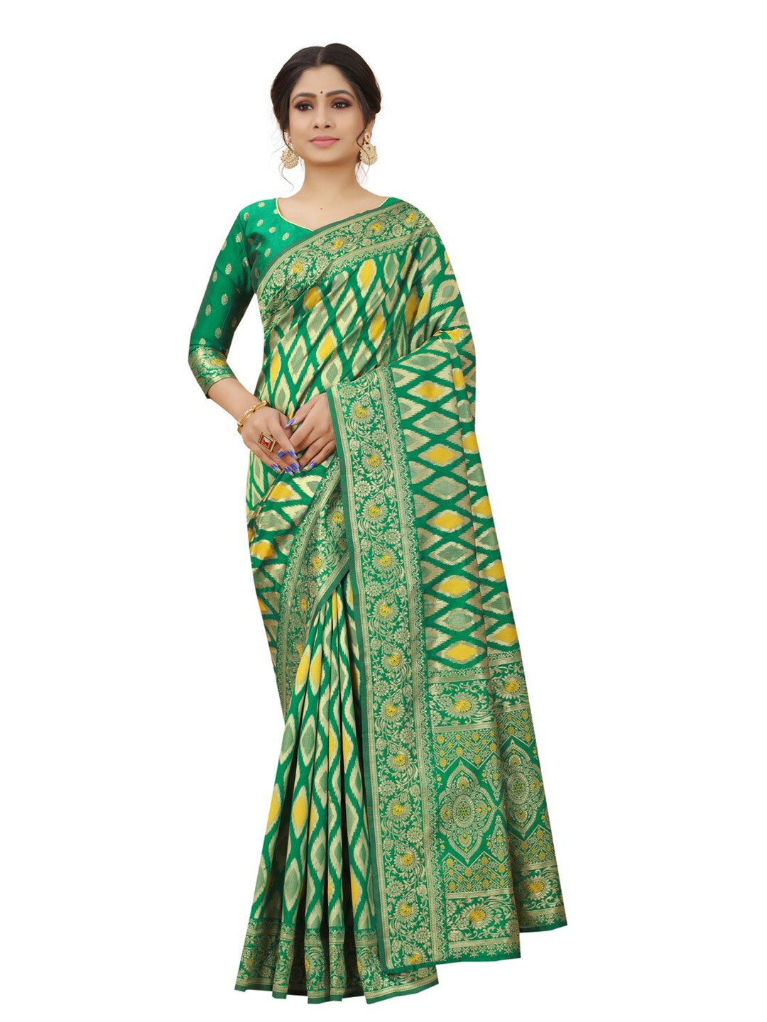 

MOKSHA DESIGNS Green & Yellow Ethnic Motifs Zari Pure Silk Kanjeevaram Saree