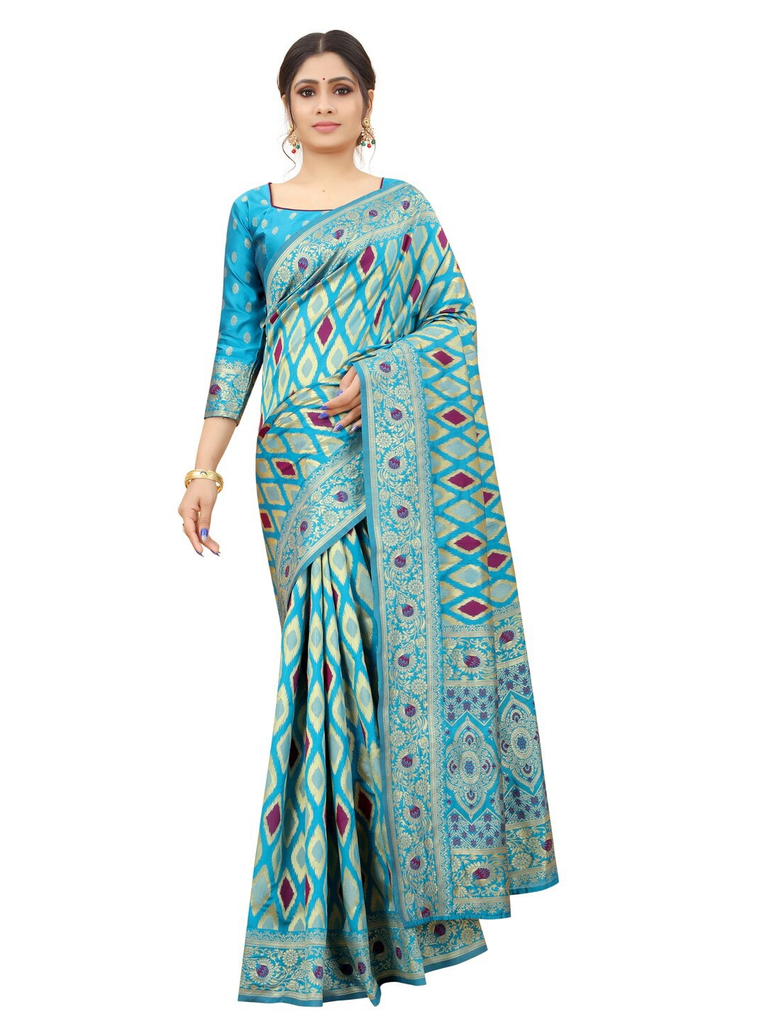 

MOKSHA DESIGNS Turquoise Blue & Gold-Toned Ethnic Motifs Zari Pure Silk Kanjeevaram Saree