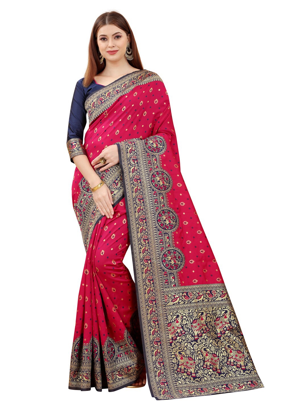 

MOKSHA DESIGNS Red & Navy Blue Ethnic Motifs Zari Pure Silk Kanjeevaram Saree