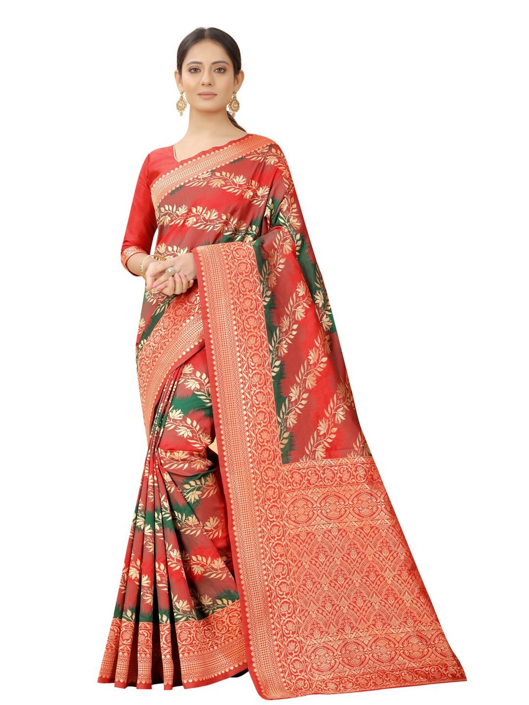 

MOKSHA DESIGNS Red & Green Floral Zari Pure Silk Kanjeevaram Saree