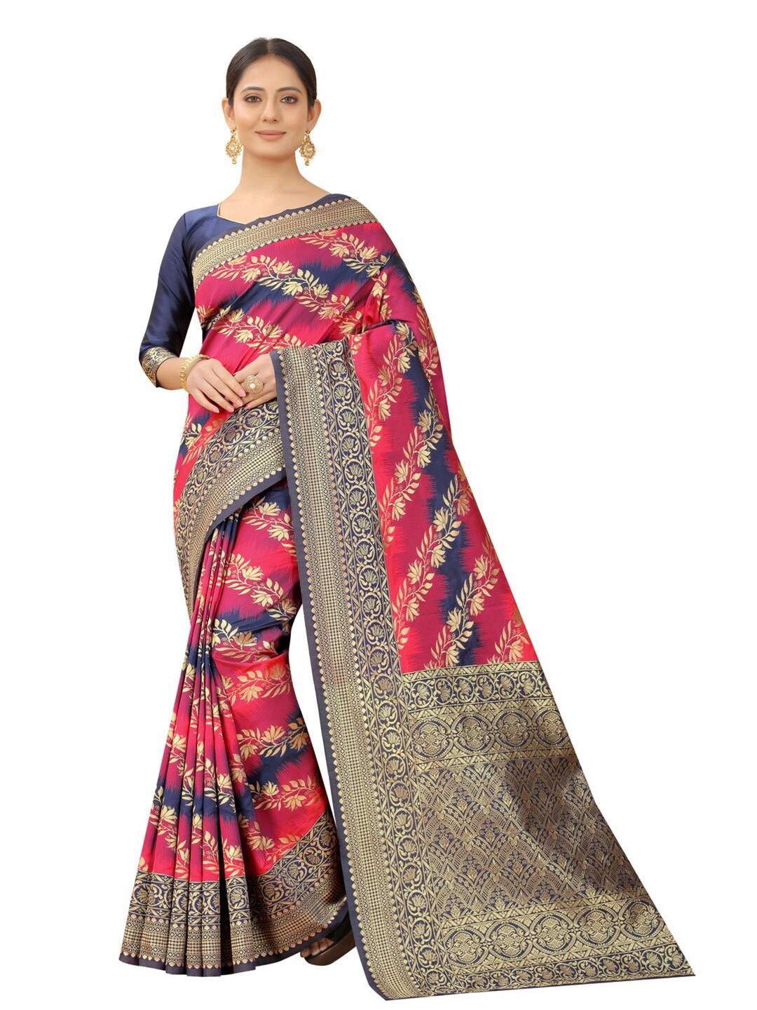 

MOKSHA DESIGNS Navy Blue & Pink Floral Zari Pure Silk Kanjeevaram Saree