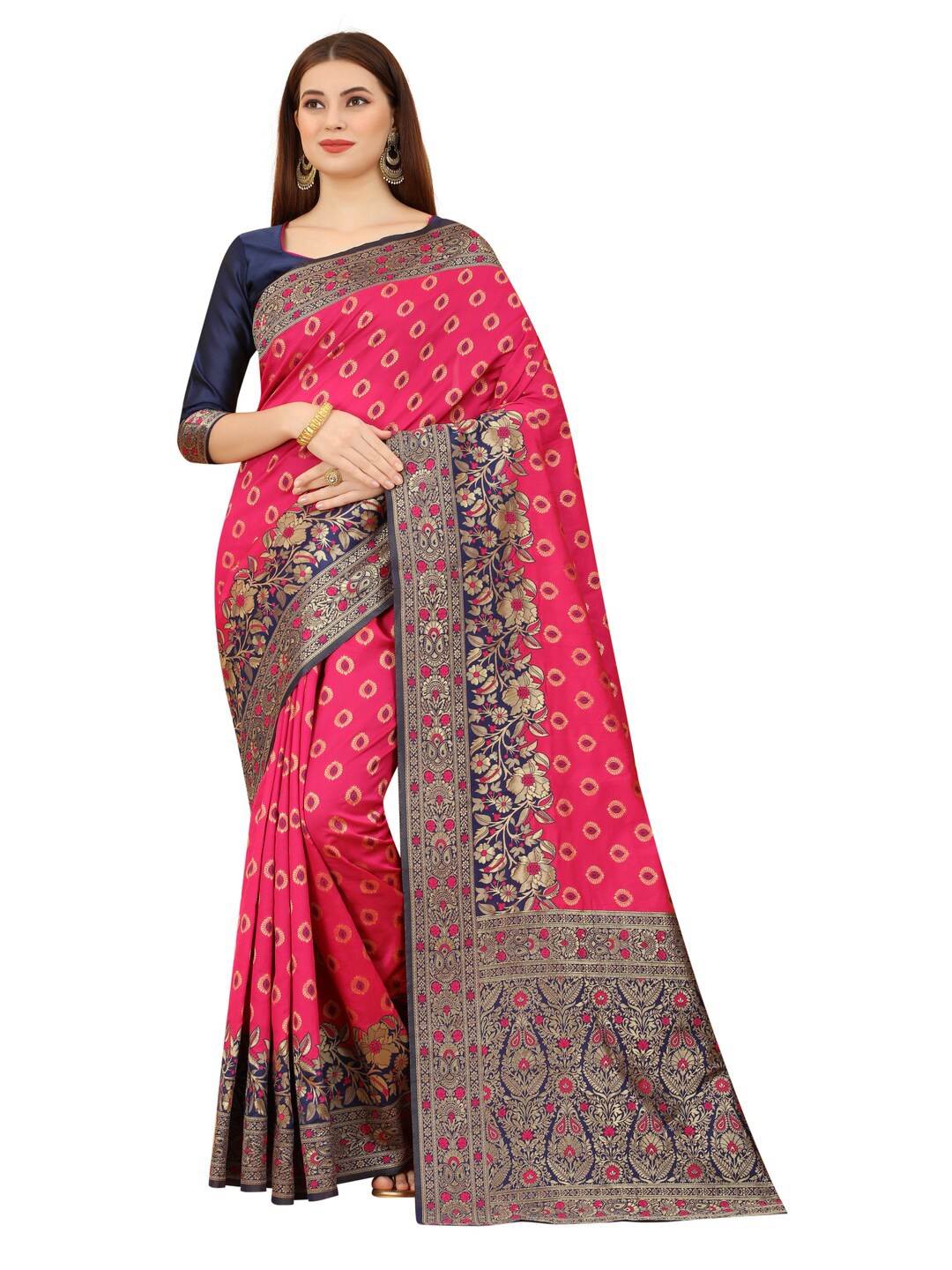 

MOKSHA DESIGNS Pink & Navy Blue Ethnic Motifs Zari Pure Silk Kanjeevaram Saree