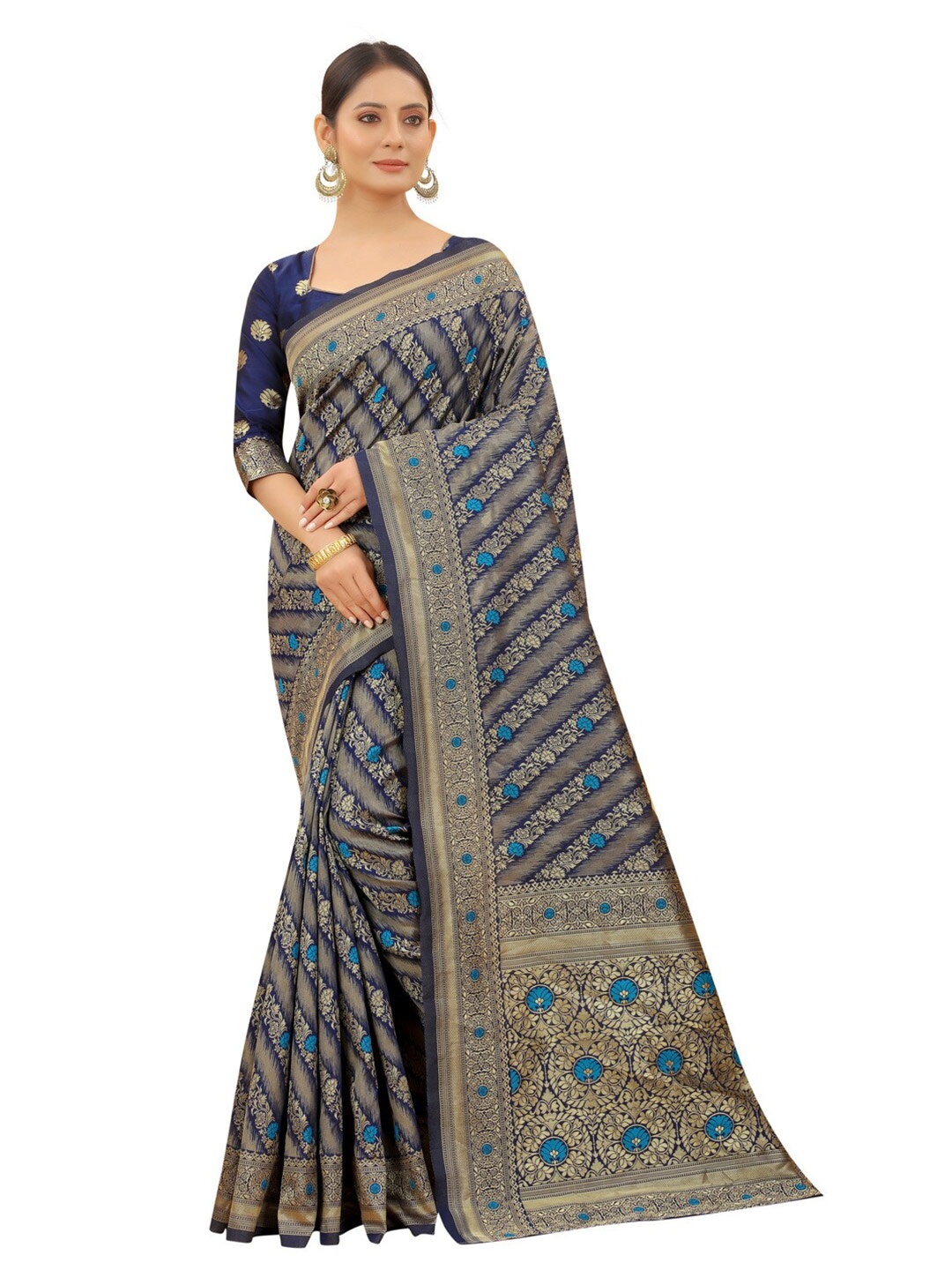 

MOKSHA DESIGNS Navy Blue & Blue Floral Zari Pure Silk Kanjeevaram Saree