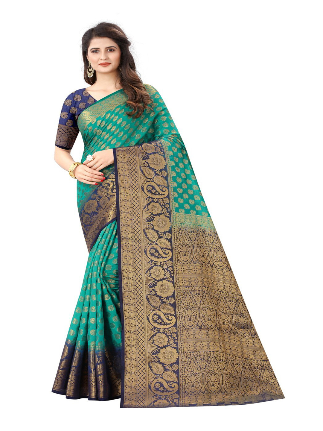 

MOKSHA DESIGNS Green & Navy Blue Paisley Zari Pure Silk Kanjeevaram Saree
