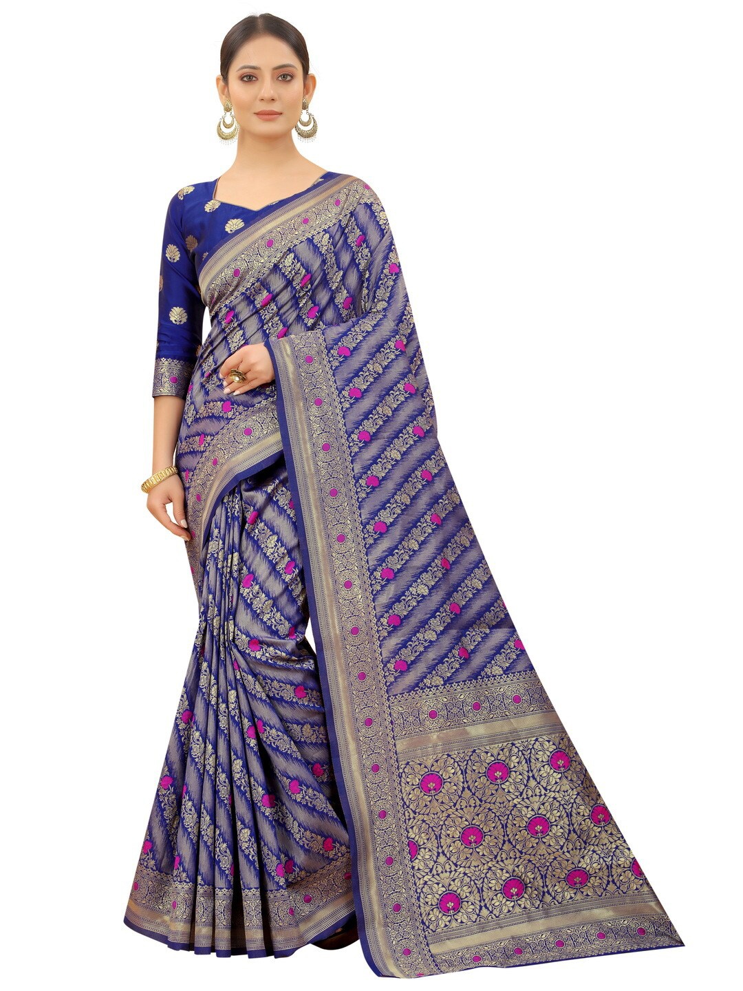 

MOKSHA DESIGNS Blue & Pink Floral Zari Pure Silk Kanjeevaram Saree