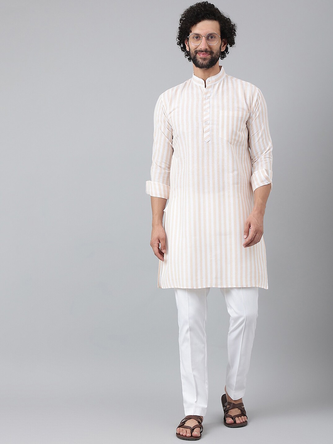 

RIAG Men Beige & White Striped Straight Kurta