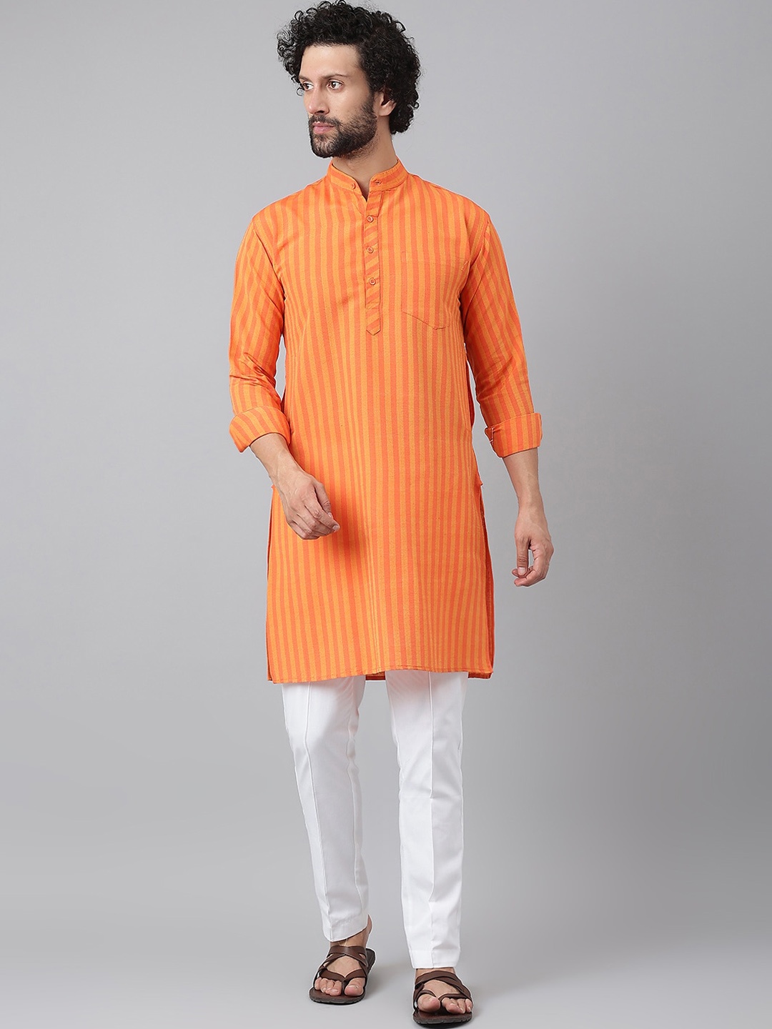 

RIAG Men Orange Striped Kurta
