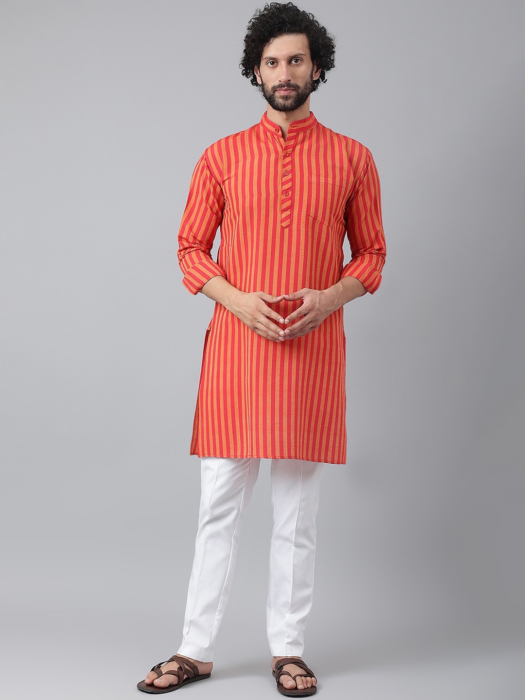 

RIAG Men Red Striped Cotton Kurta