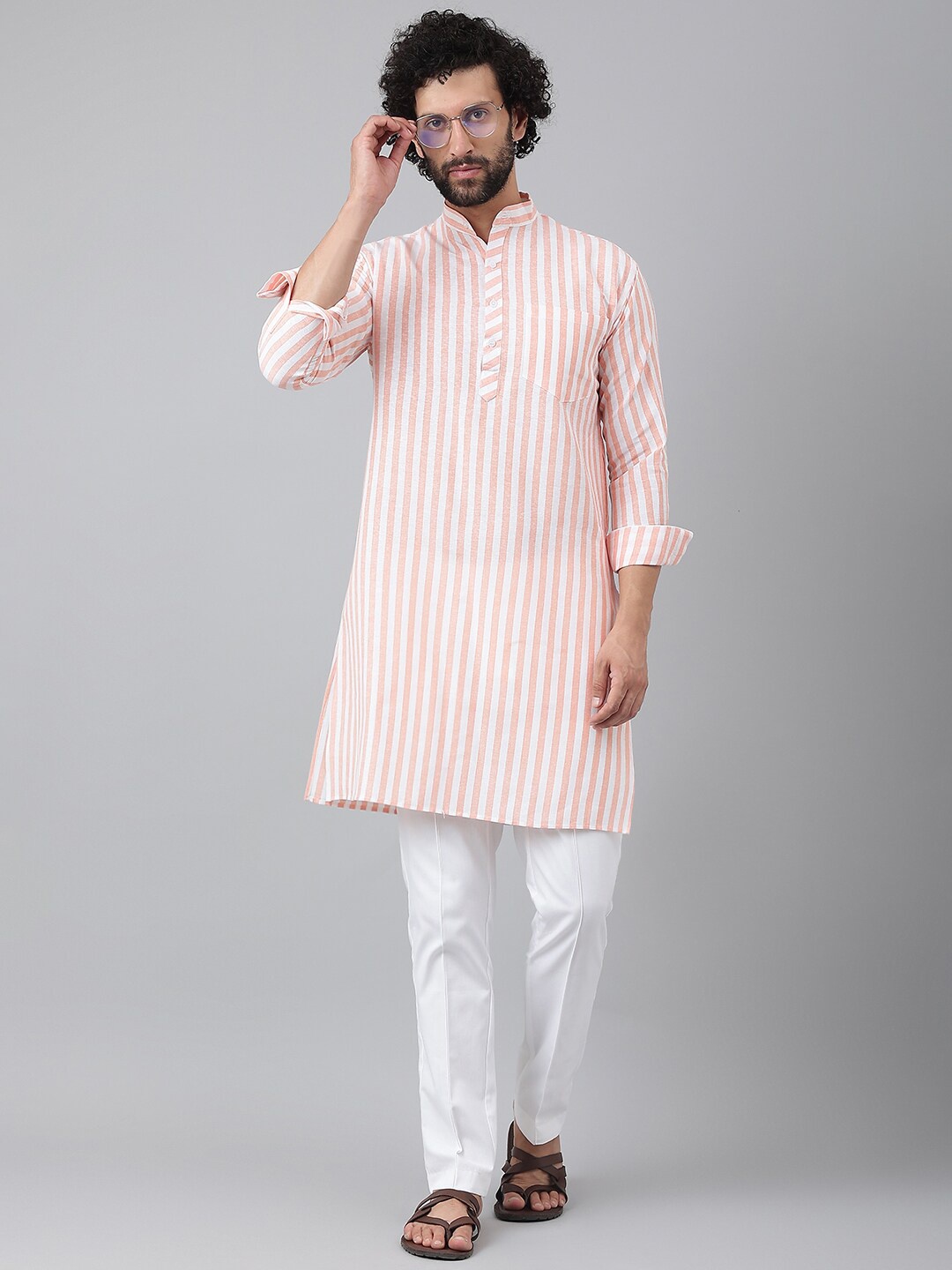 

RIAG Men Orange Striped Flared Sleeves Thread Work Kurta