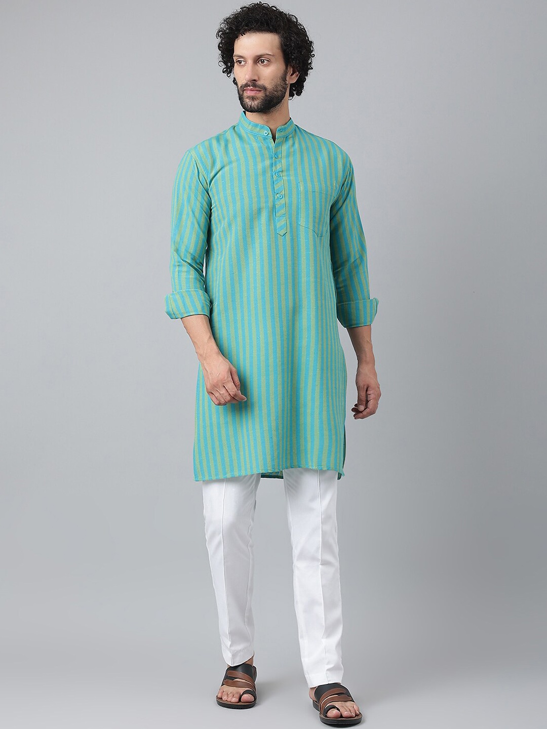 

RIAG Men Blue & Green Striped Cotton Kurta