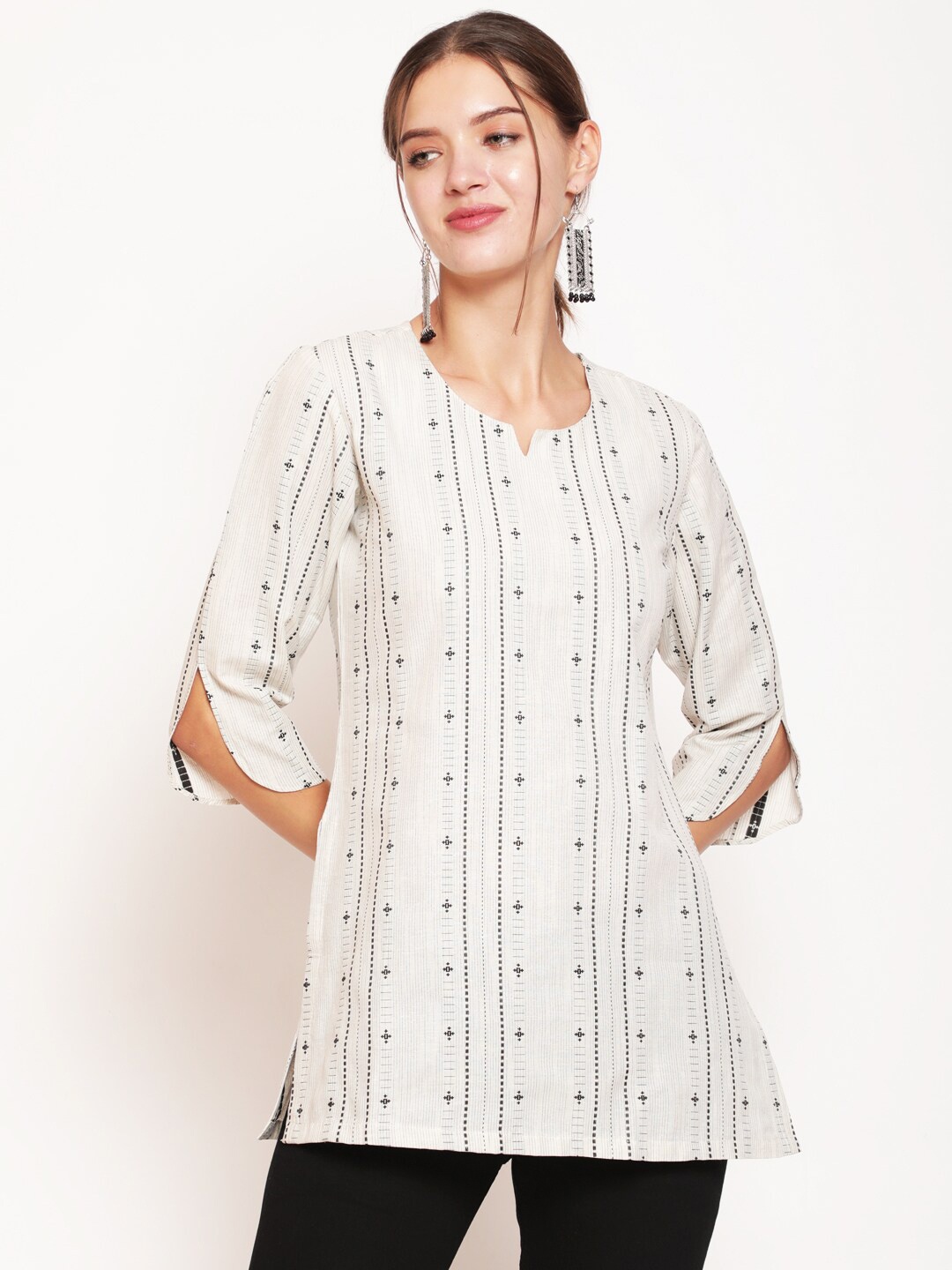 

AKIMIA Women Cream-Coloured Thread Work Pure Cotton Jacquard Handloom Thread Work Kurti