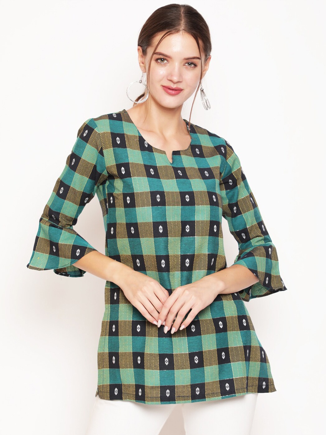 

AKIMIA Women Green Woven Design Pure Cotton Jacquard Handloom Thread Work Kurti