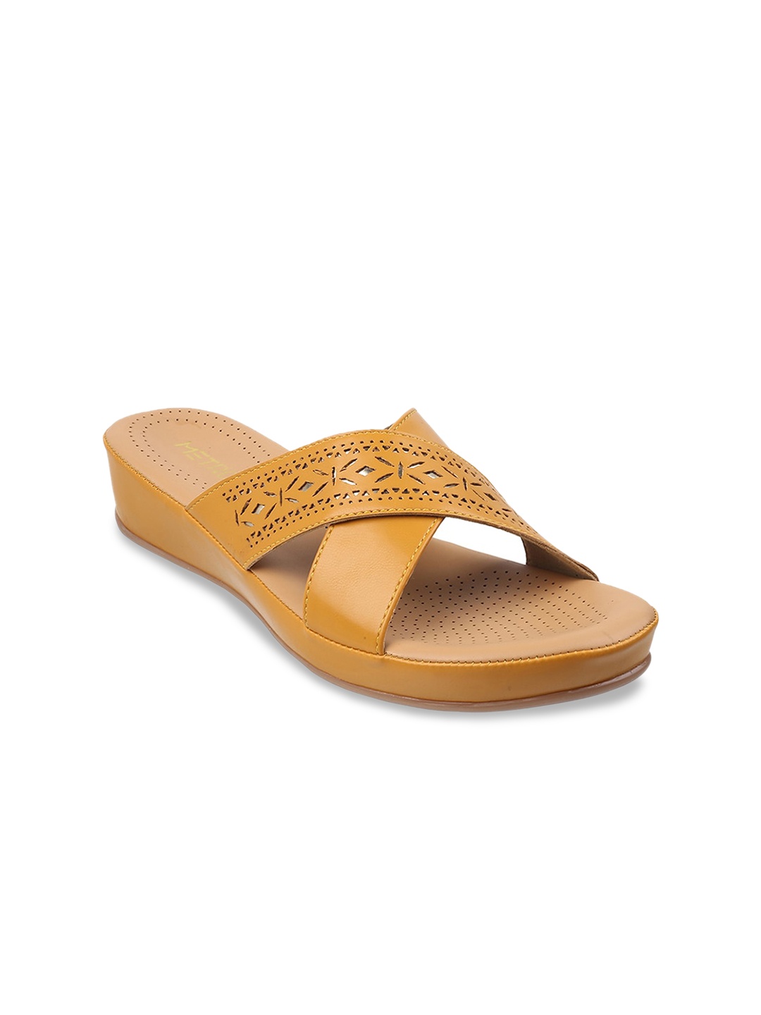 

Metro Women Open Toe Flats with Laser Cuts, Yellow