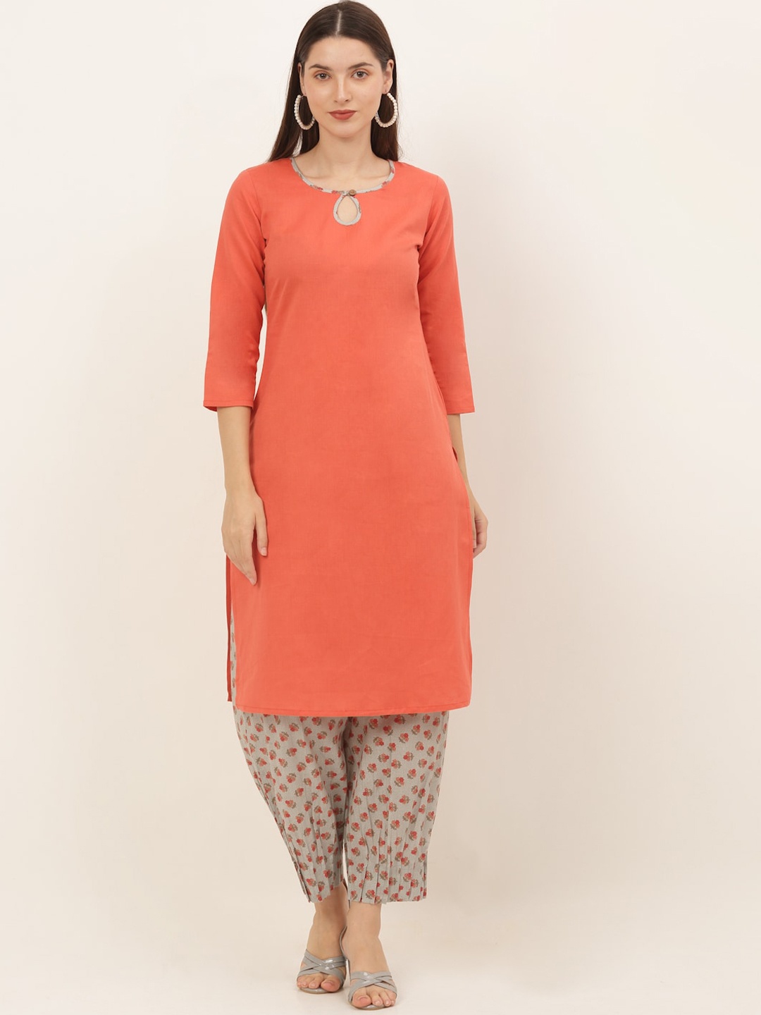 

KALINI Women Pleated Pure Cotton Kurti with Trousers, Peach