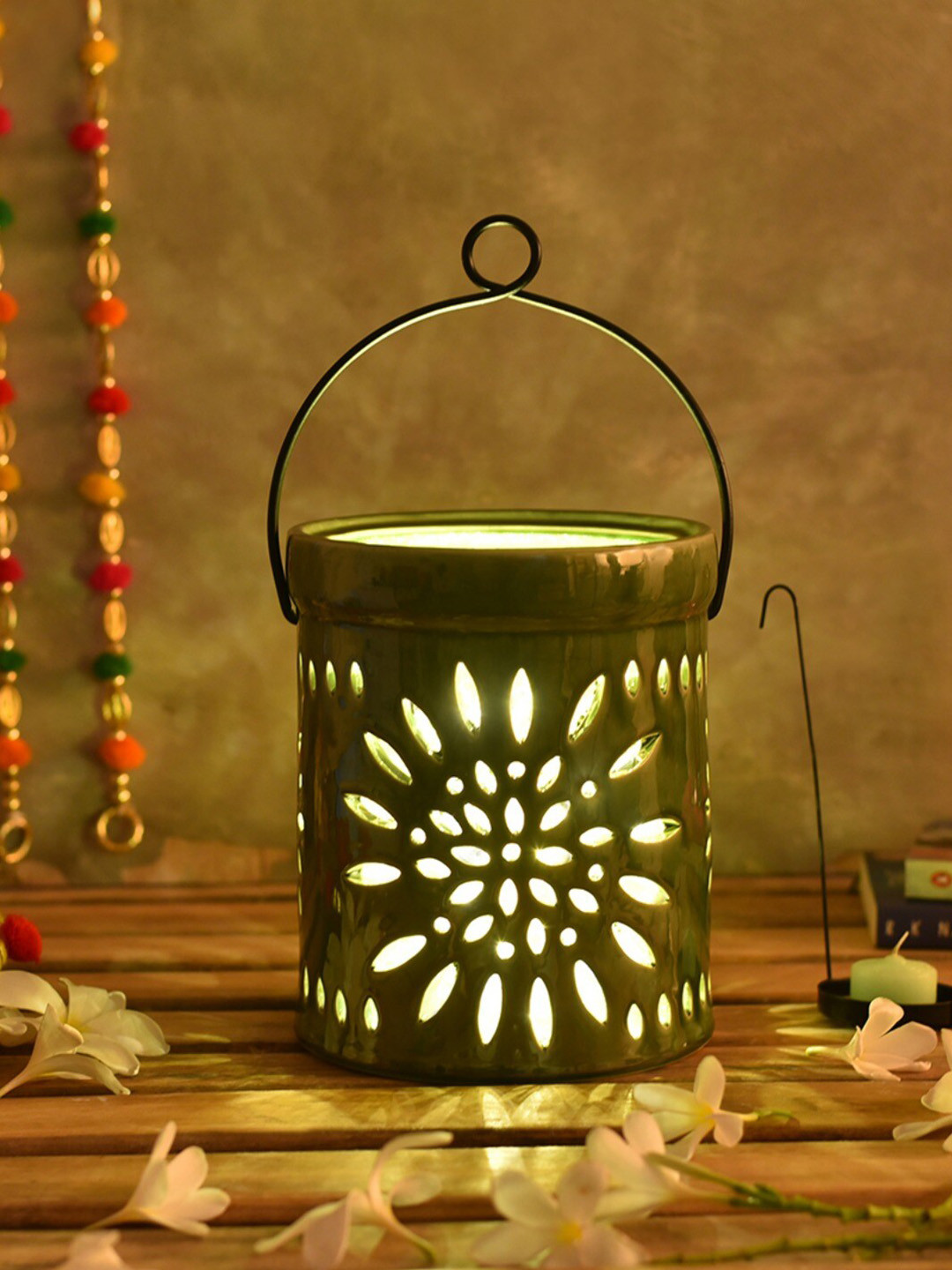 

The 7 DeKor Green Ceramic Flower Cut Lantern
