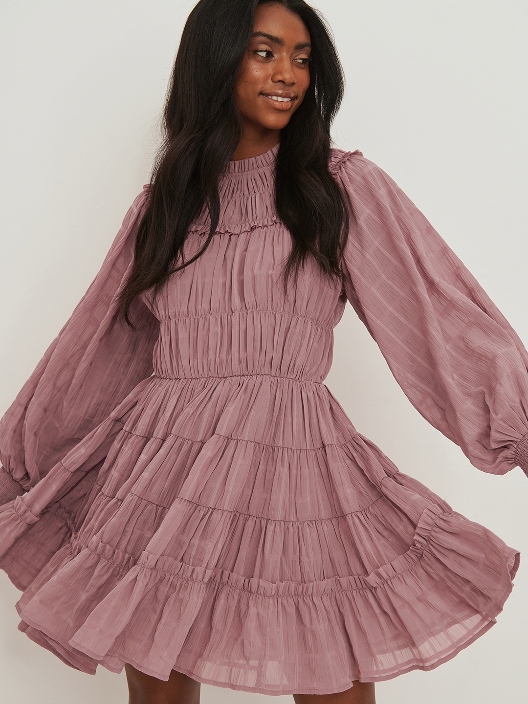 

NA-KD Women Mauve Flounce Hem Tiered A-Line Mini Dress