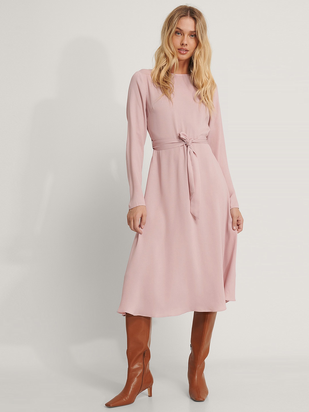 

NA-KD Women Dusty Pink Solid A-Line Midi Dress with Belt