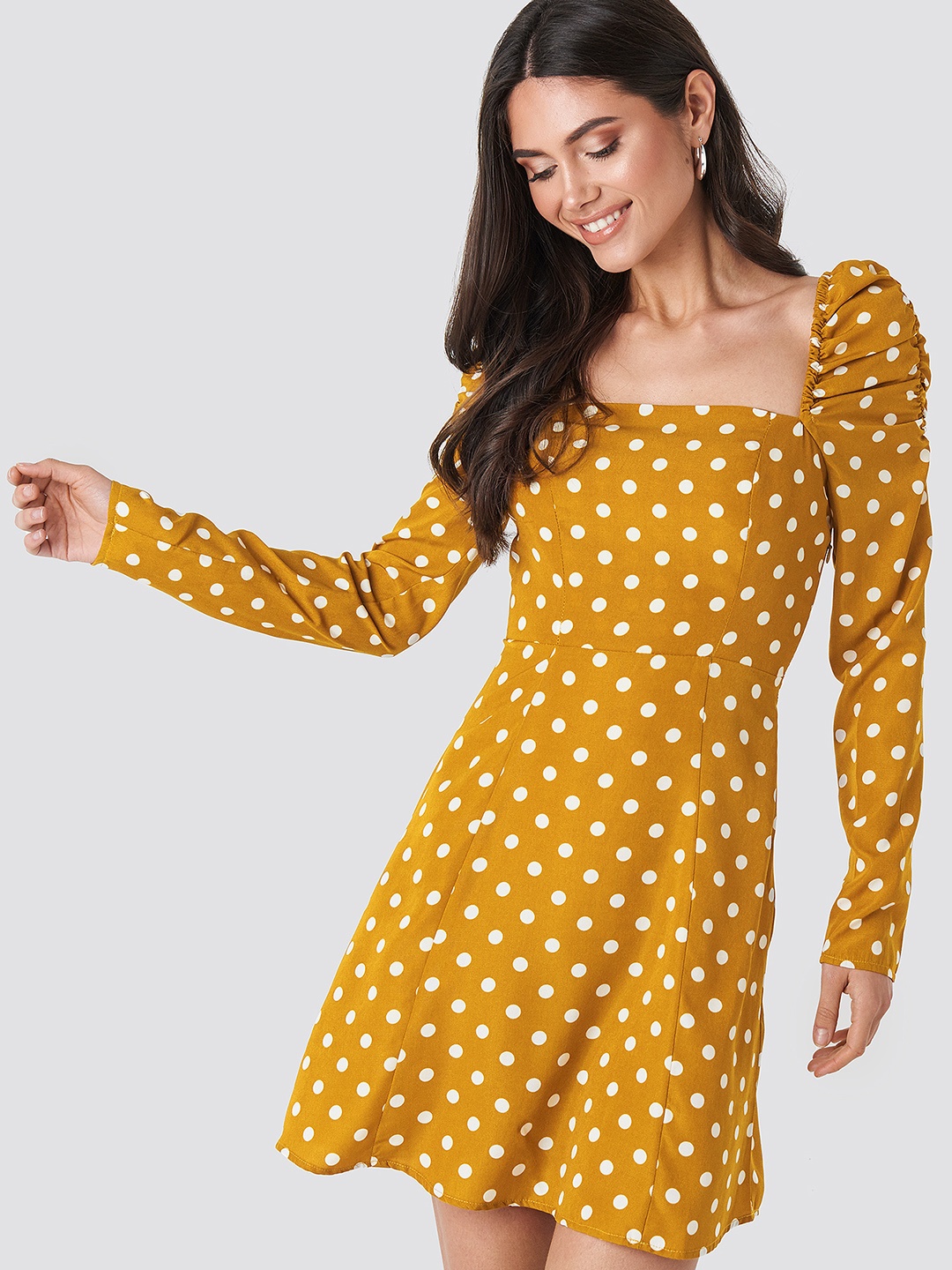 

NA-KD Mustard Yellow & White Polka Dots Printed A-Line Mini Dress