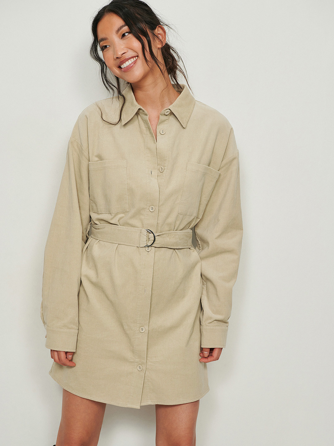 

NA-KD Women Beige Pure Cotton Corduroy Oversized Shirt Mini Dress with a Belt