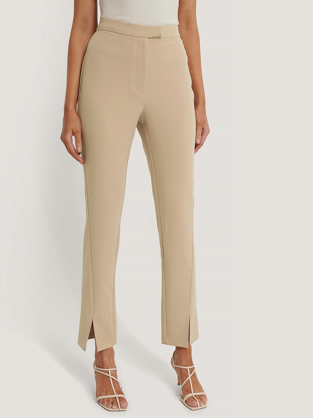 

NA-KD Women Beige Solid High-Rise Slit Formal Trousers