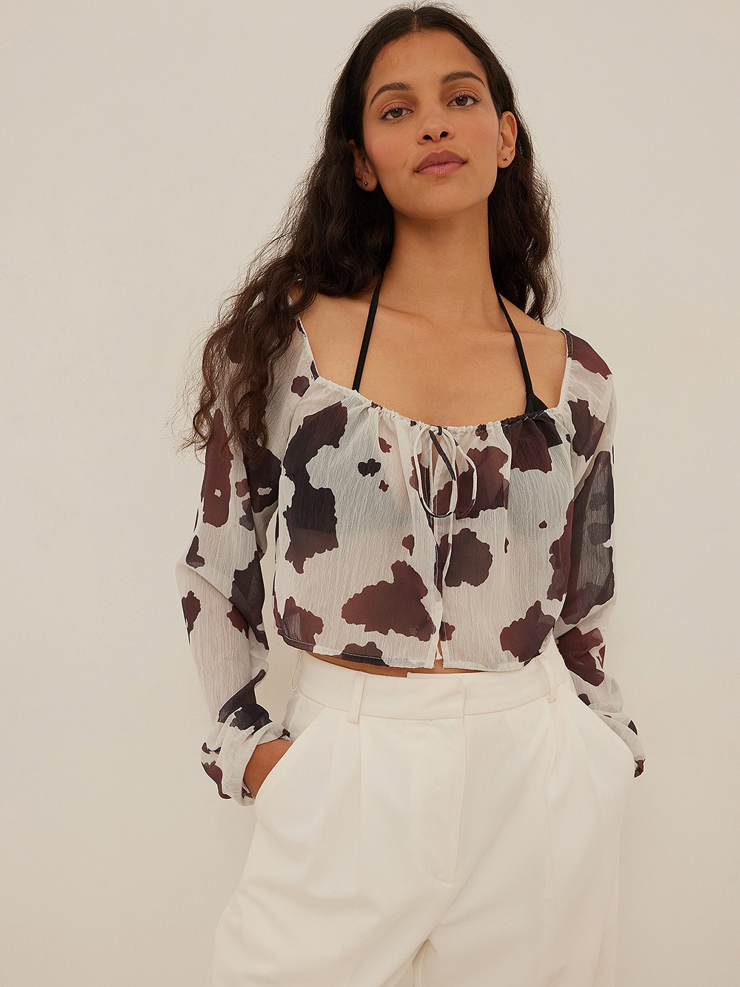 

NA-KD White & Brown Animal Print Sheer Chiffon Crop Top