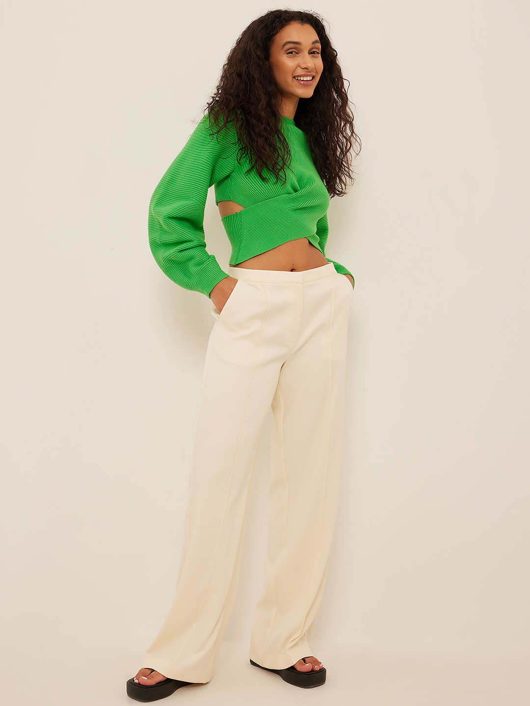 

NA-KD Women Green Ribbed Crop Pullover