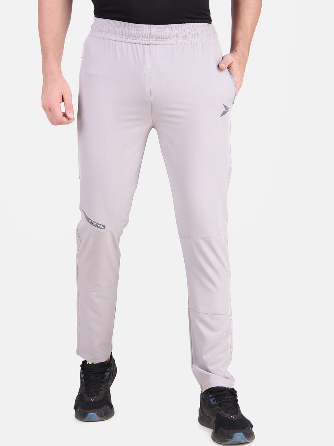 

FITINC Men Grey Solid Slim-Fit Rapid Dry Track Pants