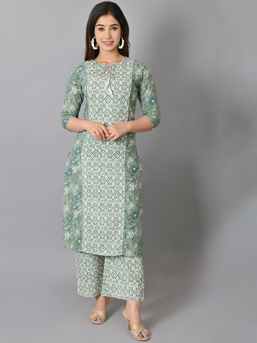 

VASTRAMANIAA Women Green Ethnic Motifs Printed Pure Cotton Kurta with Palazzos