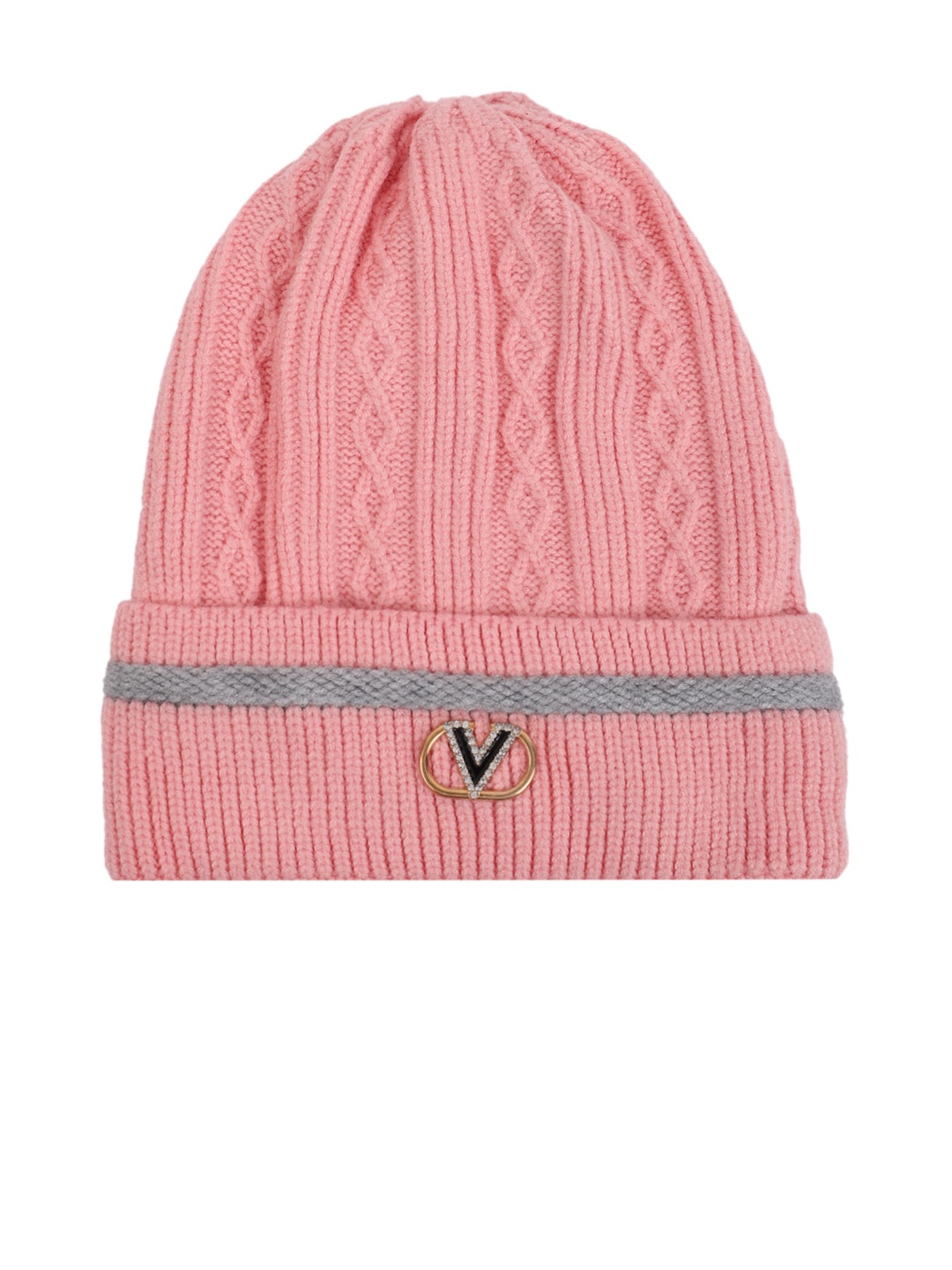 

ELLIS Women Pink & Grey Self-Design Beanie