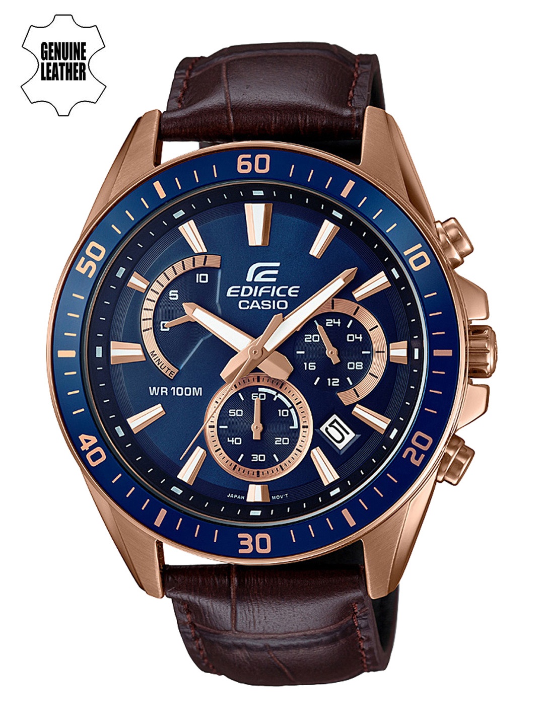 

CASIO Men EDifice EFR-552GL-2AVUDF Blue Analog Dial Brown Leather Band Watch EX358, Navy blue