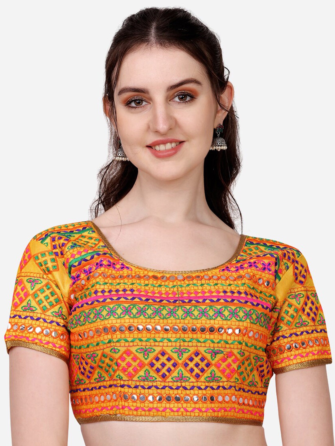 

PUJIA MILLS Yellow Embroidered Gamthi Work Saree Blouse