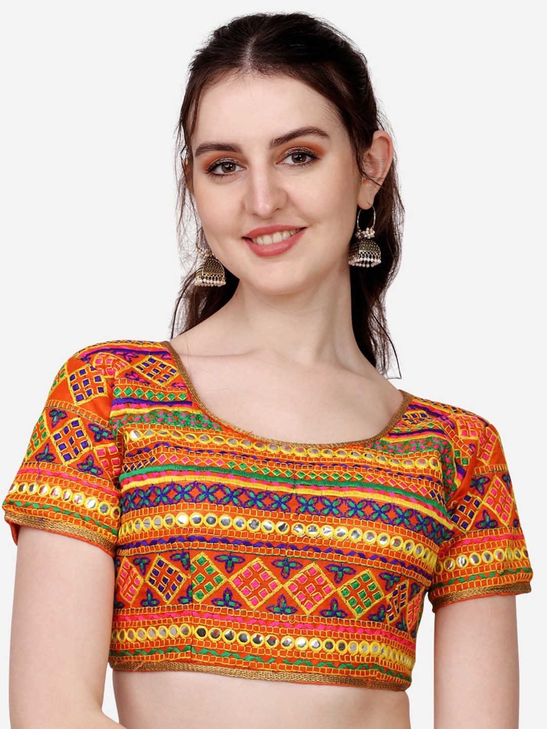 

PUJIA MILLS Orange Embroidered Saree Blouse