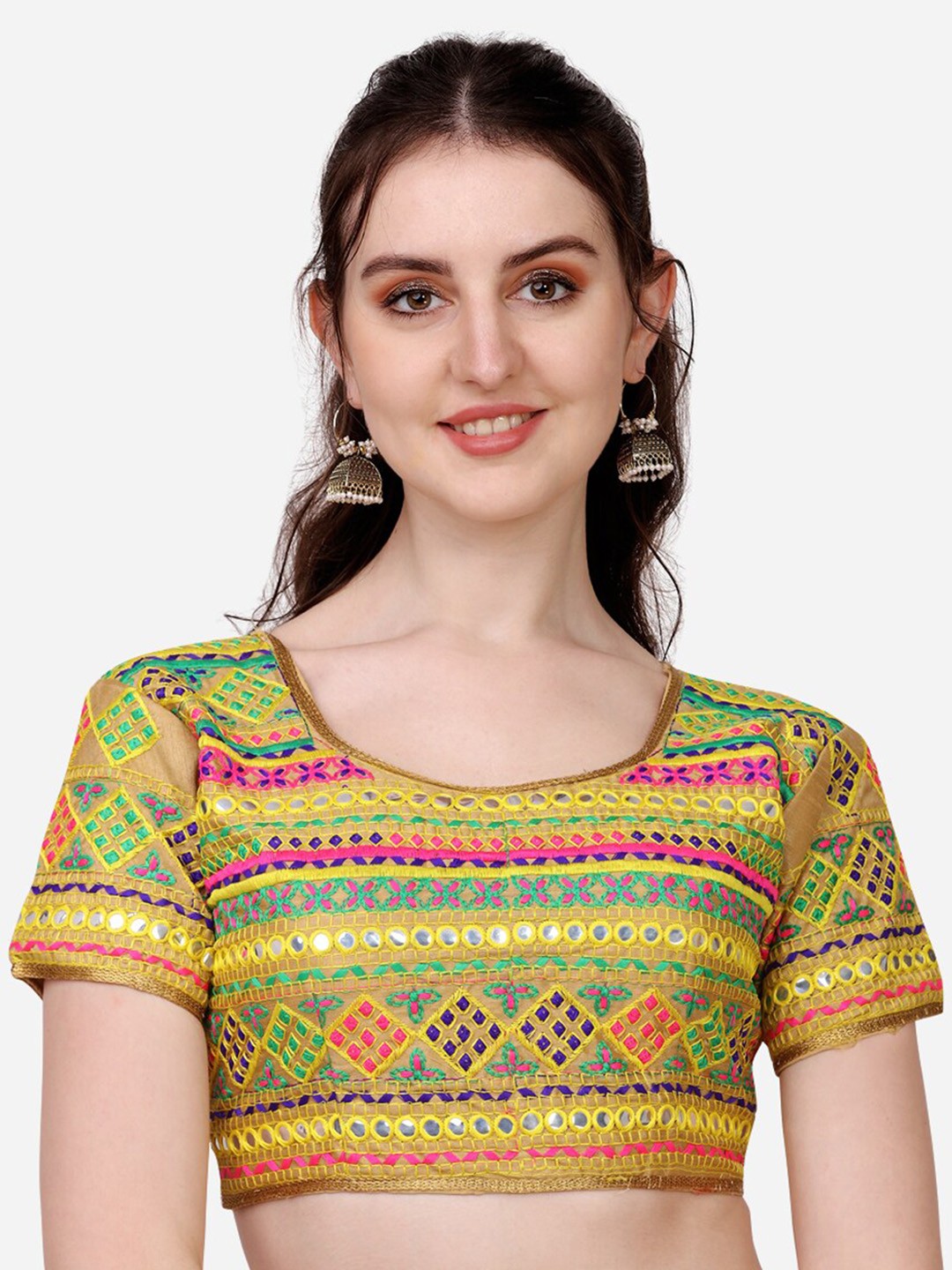 

PUJIA MILLS Gold-Coloured Embroidered Padded Saree Blouse