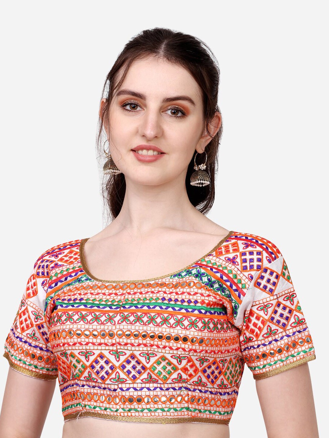 

PUJIA MILLS White & Orange Embroidered Silk Saree Blouse