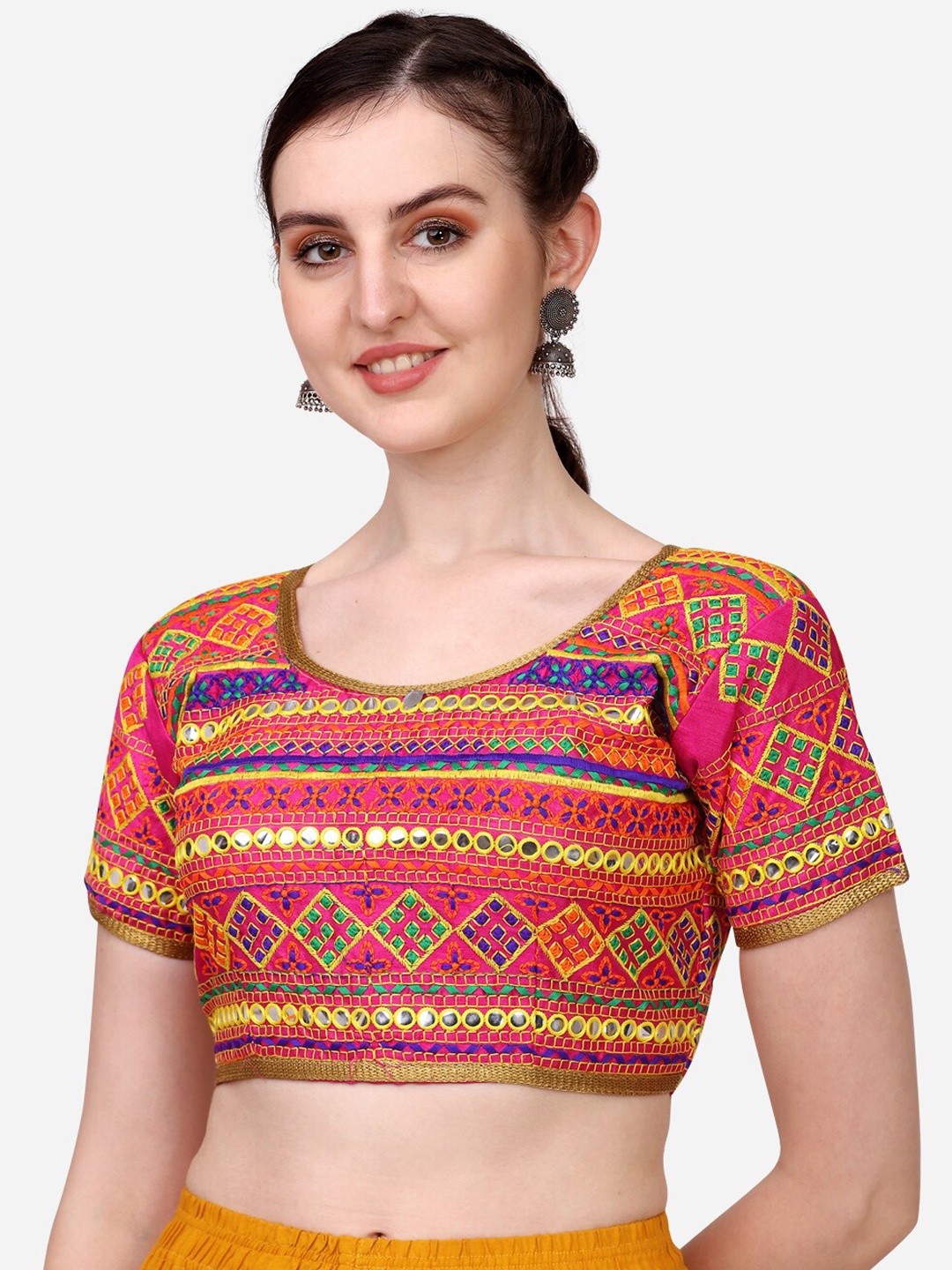 

PUJIA MILLS Pink Kutchi Embroidered Saree Blouse