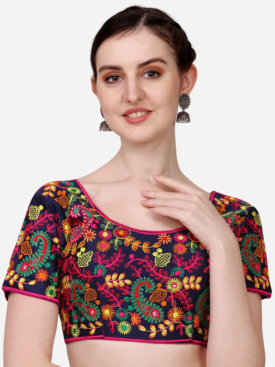 

PUJIA MILLS Navy Blue Embroidered Silk Saree Blouse