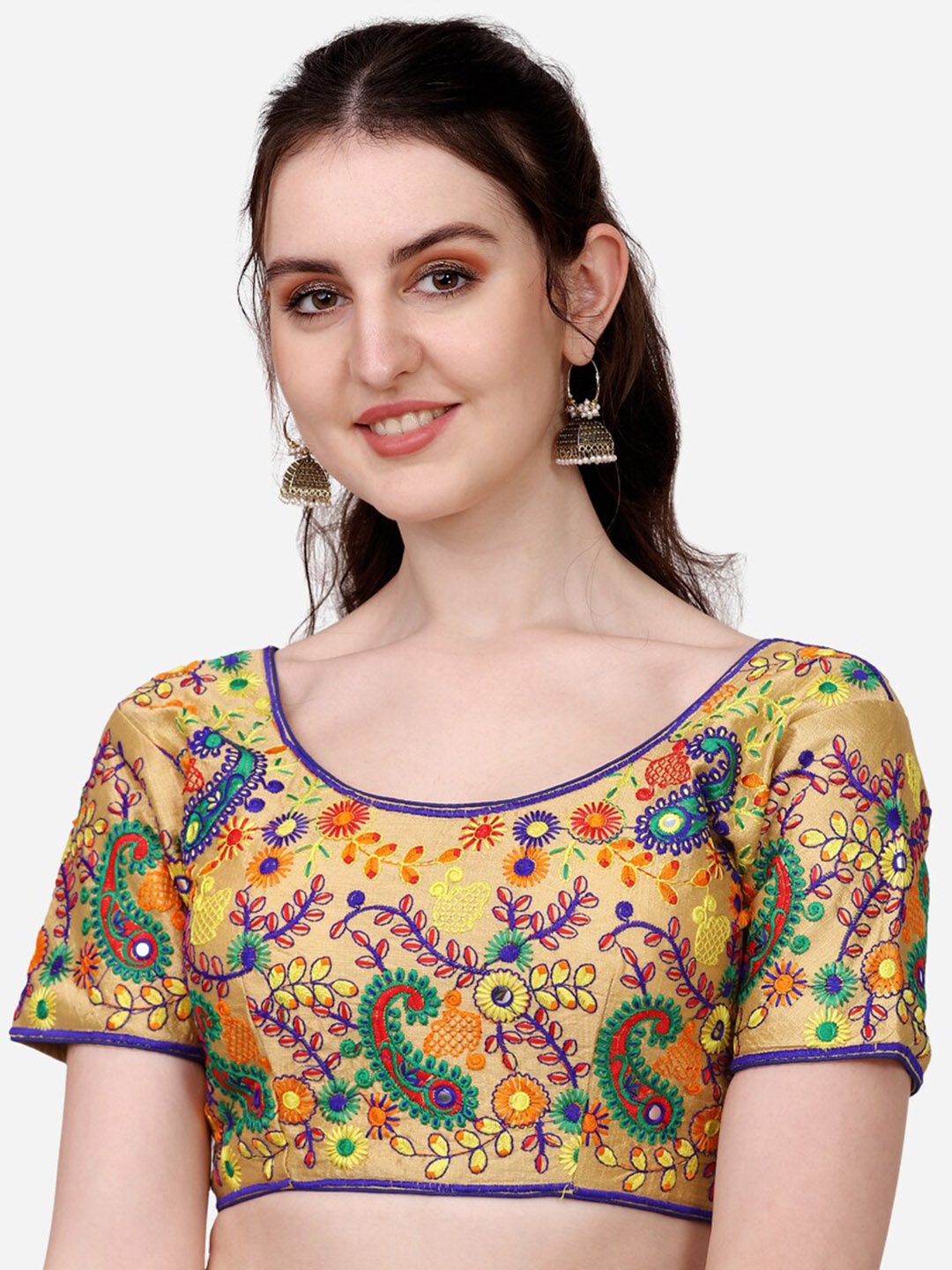 

PUJIA MILLS Gold-Toned Embroidered Gamthi Work Navratri Silk Saree Blouse