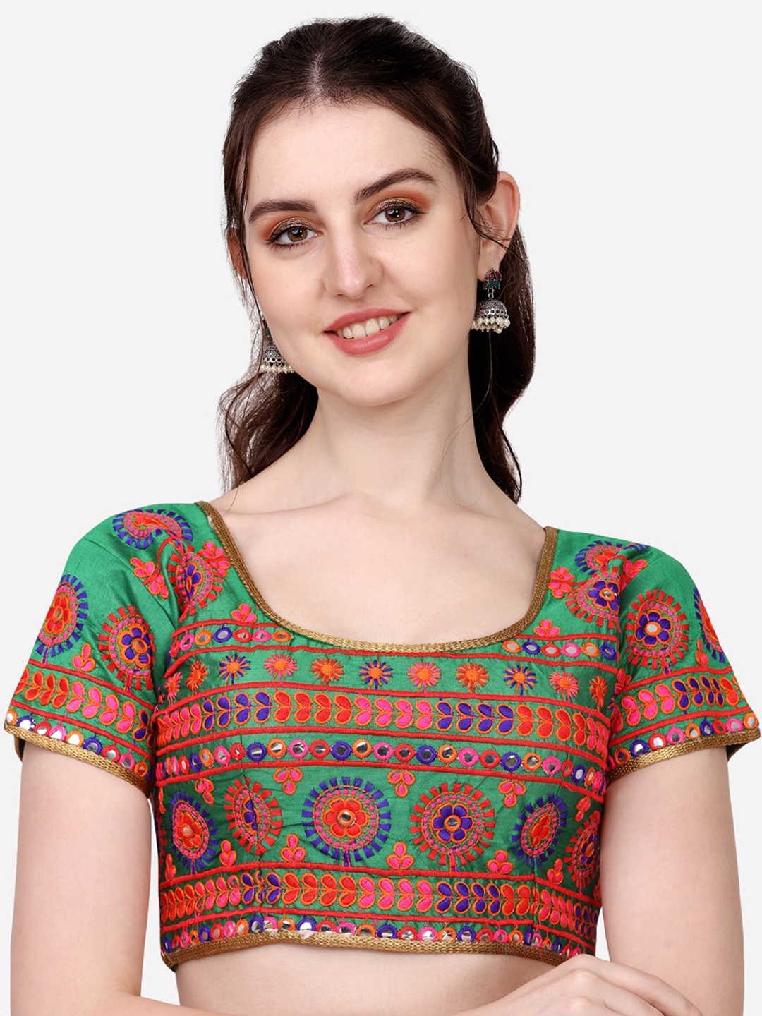 

PUJIA MILLS Green & Orange Embroidered Silk Saree Blouse