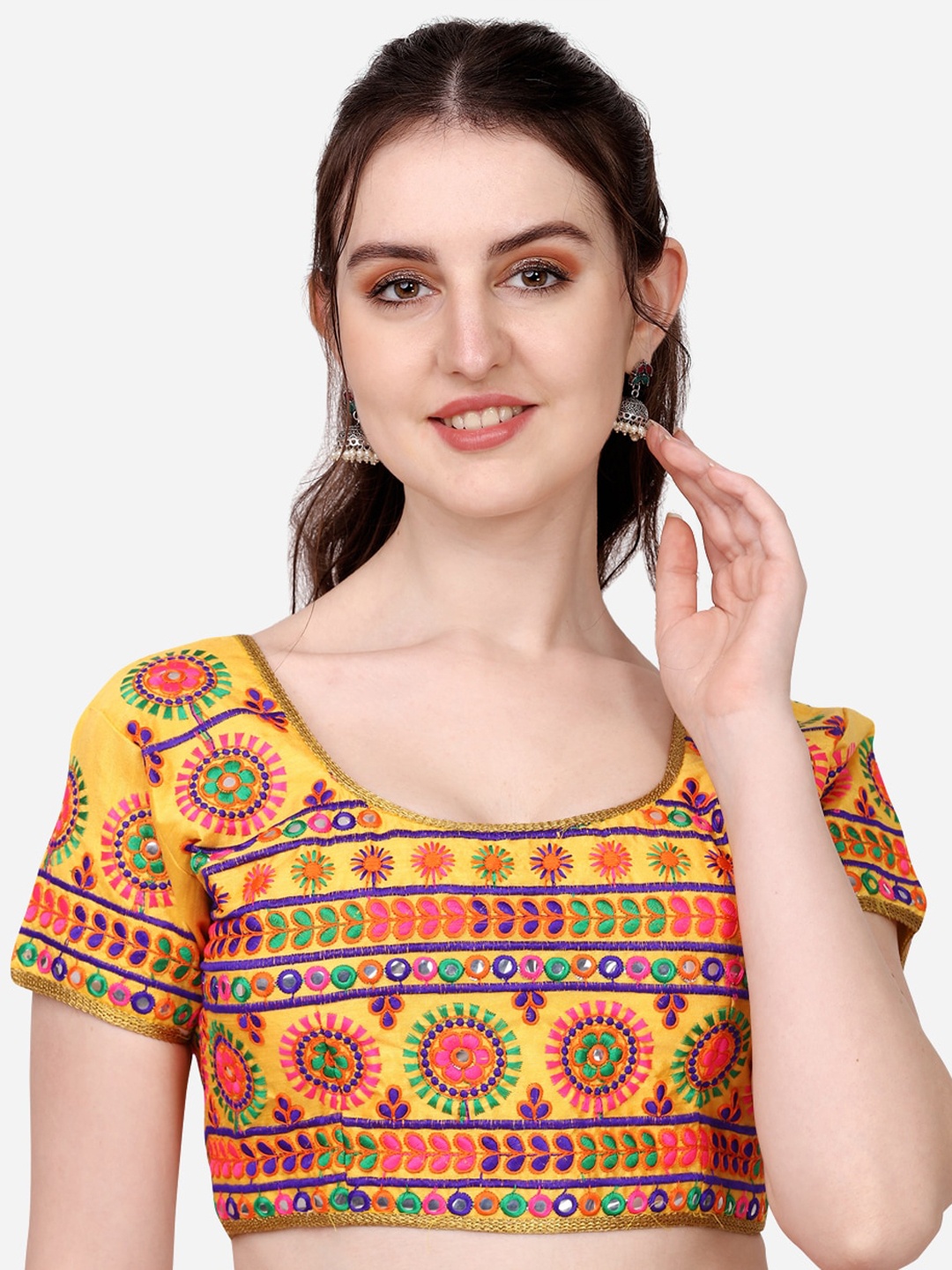 

PUJIA MILLS Yellow Embroidered Silk Saree Blouse