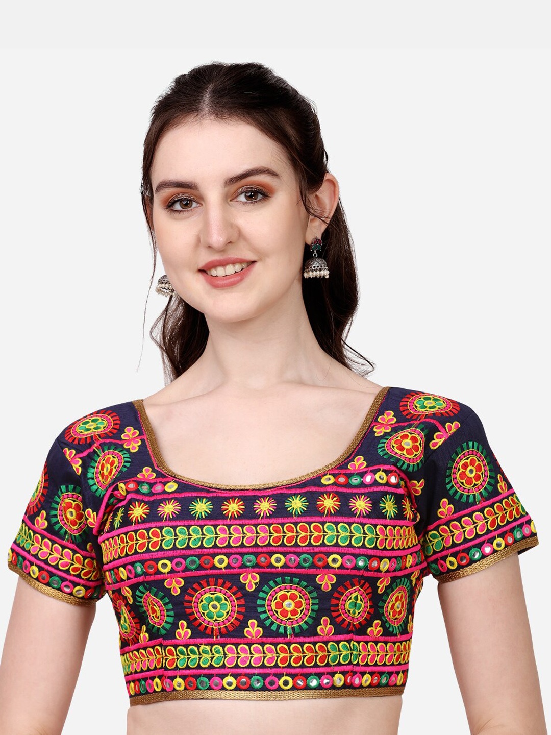 

PUJIA MILLS Navy Blue Embroidered Gamthi Work Saree Blouse