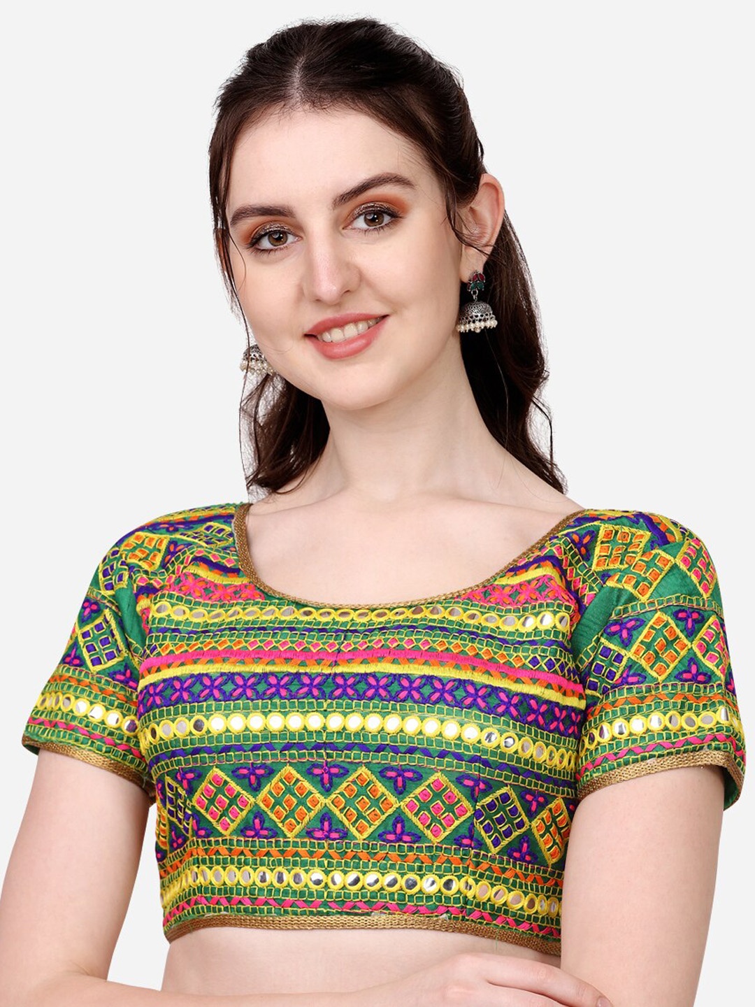 

PUJIA MILLS Green & Yellow Embroidered Silk Saree Blouse