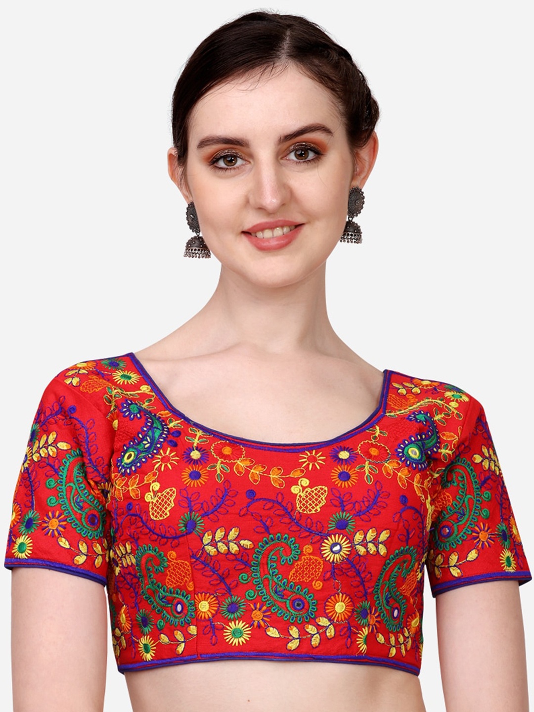 

Sumaira Tex Red & Orange Embroidered Silk Saree Blouse