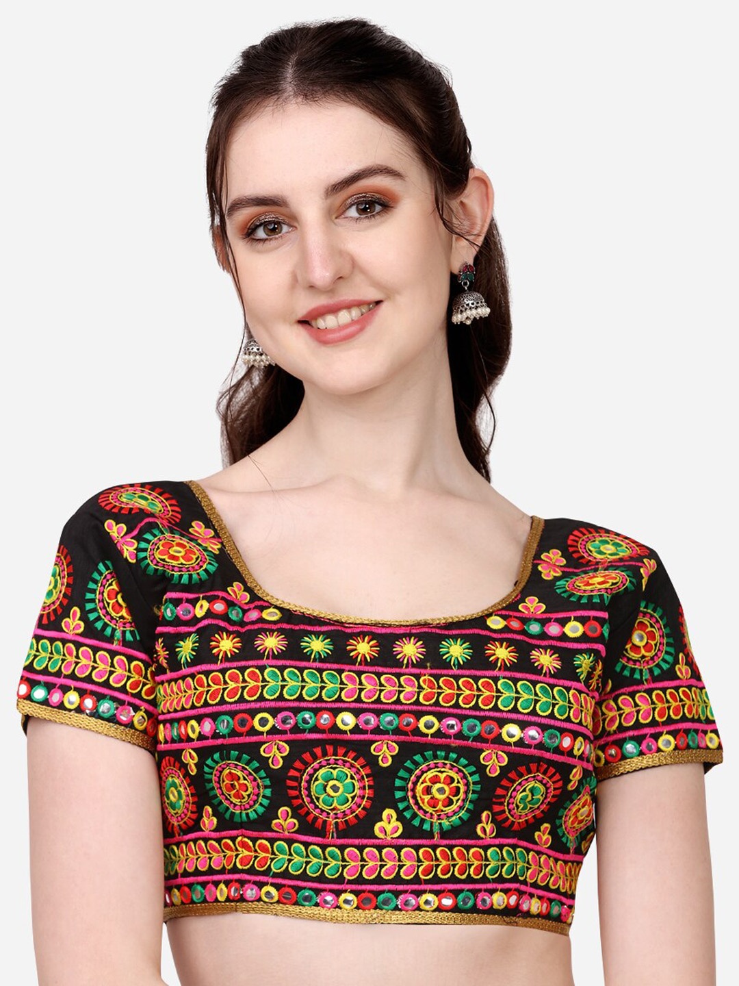 

Sumaira Tex Black & Green Embroidered Silk Saree Blouse