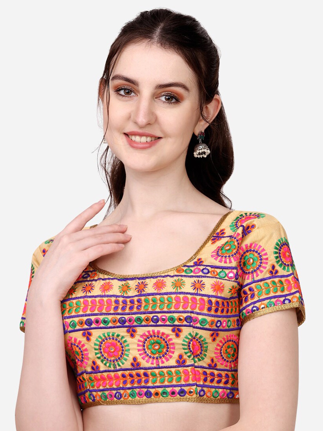 

Sumaira Tex Golden & Pink Embroidered Silk Saree Blouse, Gold