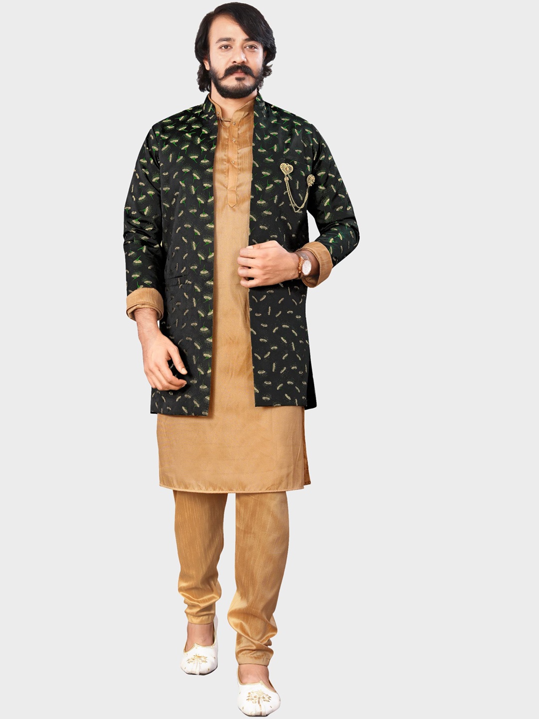 

amzira Men Black Layered Kurta with Churidar Pant