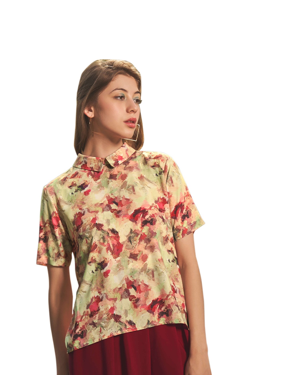 

NEOFAA Women Abstract High Neck Back Button Stylish Top, Red