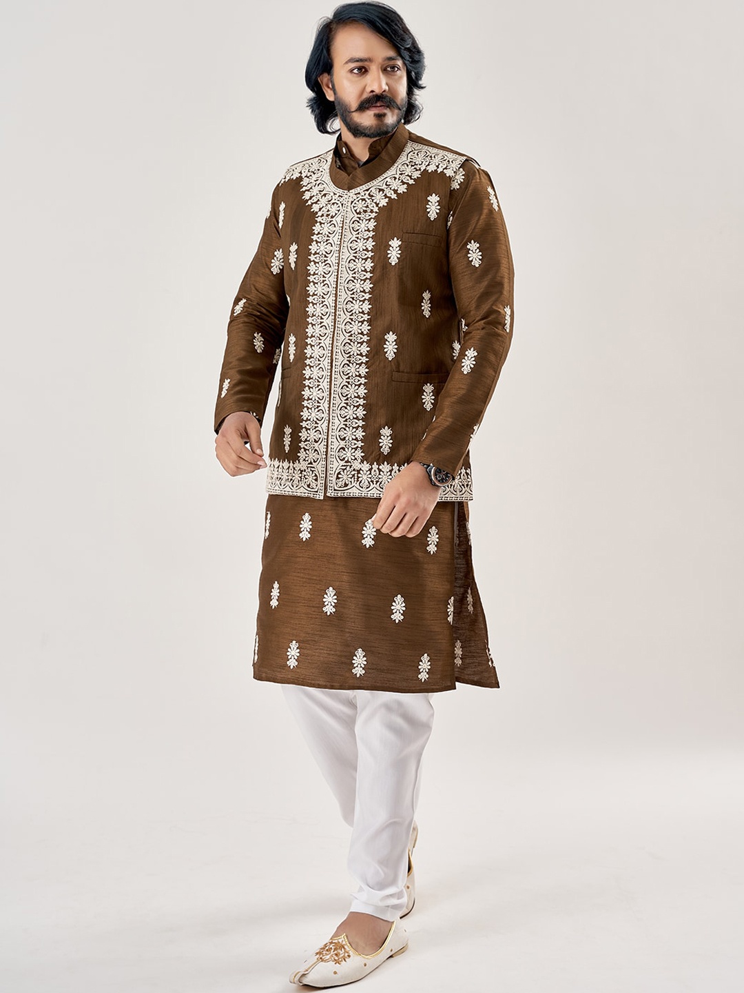 

amzira Men Coffee Brown Embroidered Angrakha Kurti with Pyjamas & With Dupatta