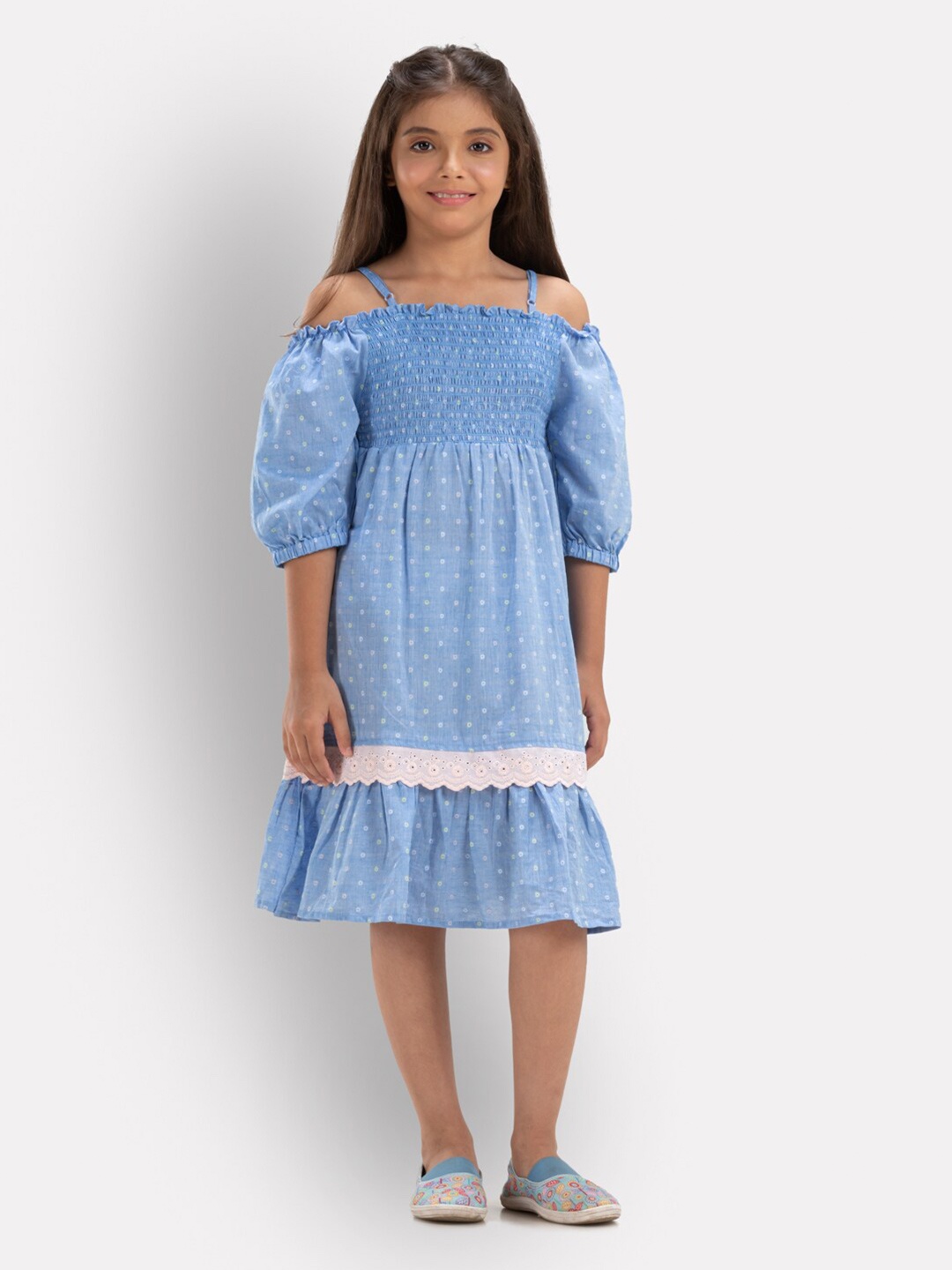 

Growing Tree Girls Blue Off-Shoulder Jacquard Dress